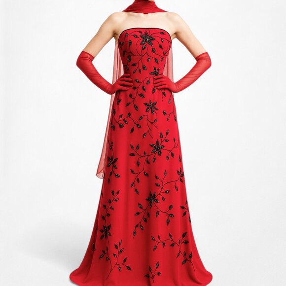 Vintage Y2K Red Black Floral Beaded Fit Flared Maxi Prom Dress Size L/XL - Picture 1 of 10